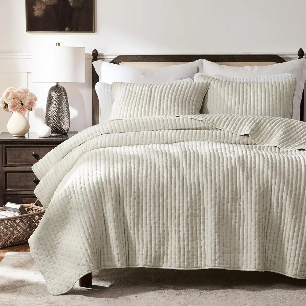 WDCOZY White Cross Stitch Queen Size Quilt Set, Striped Lightweight Bedspread